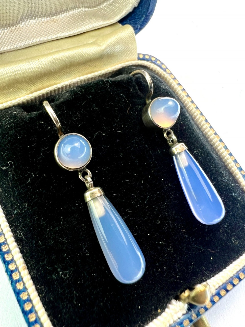 Antique Silver Chalcedony Teardrop Earrings View III