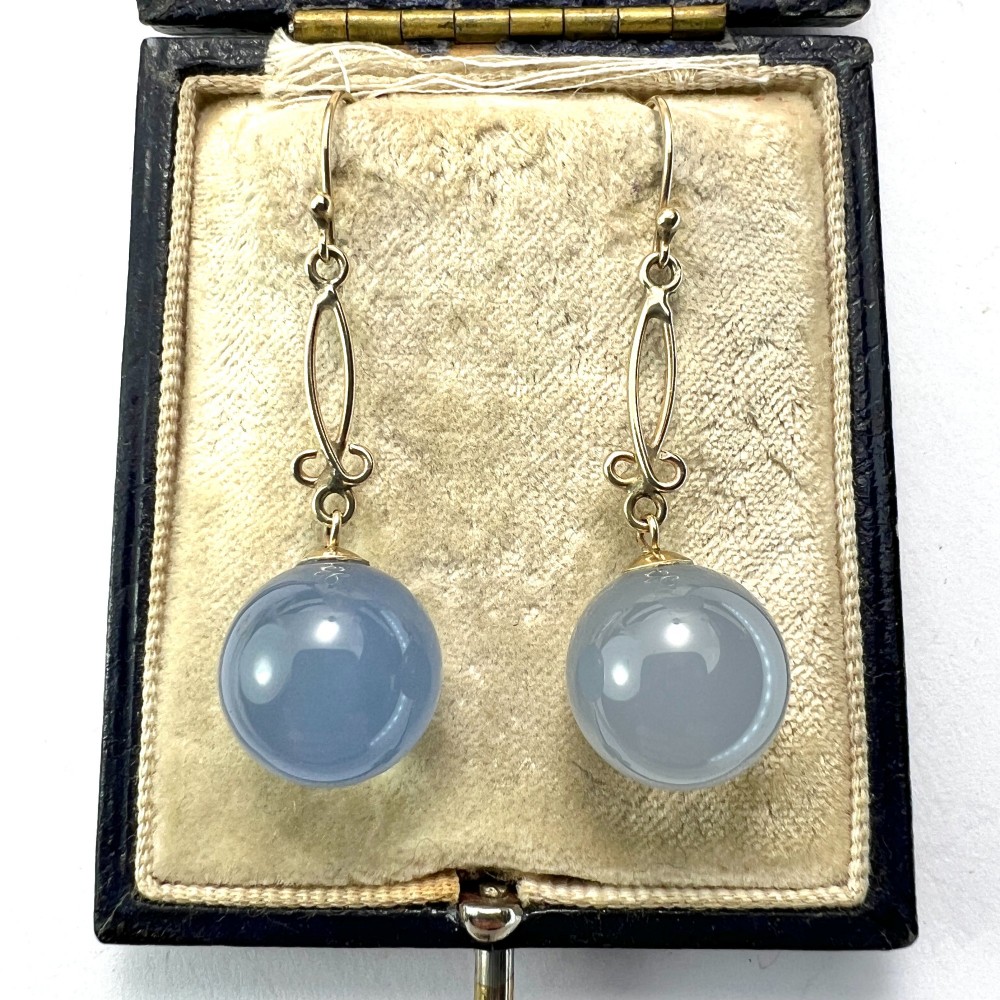 Antique 9CT Gold Chalcedony Orb Drop Earrings