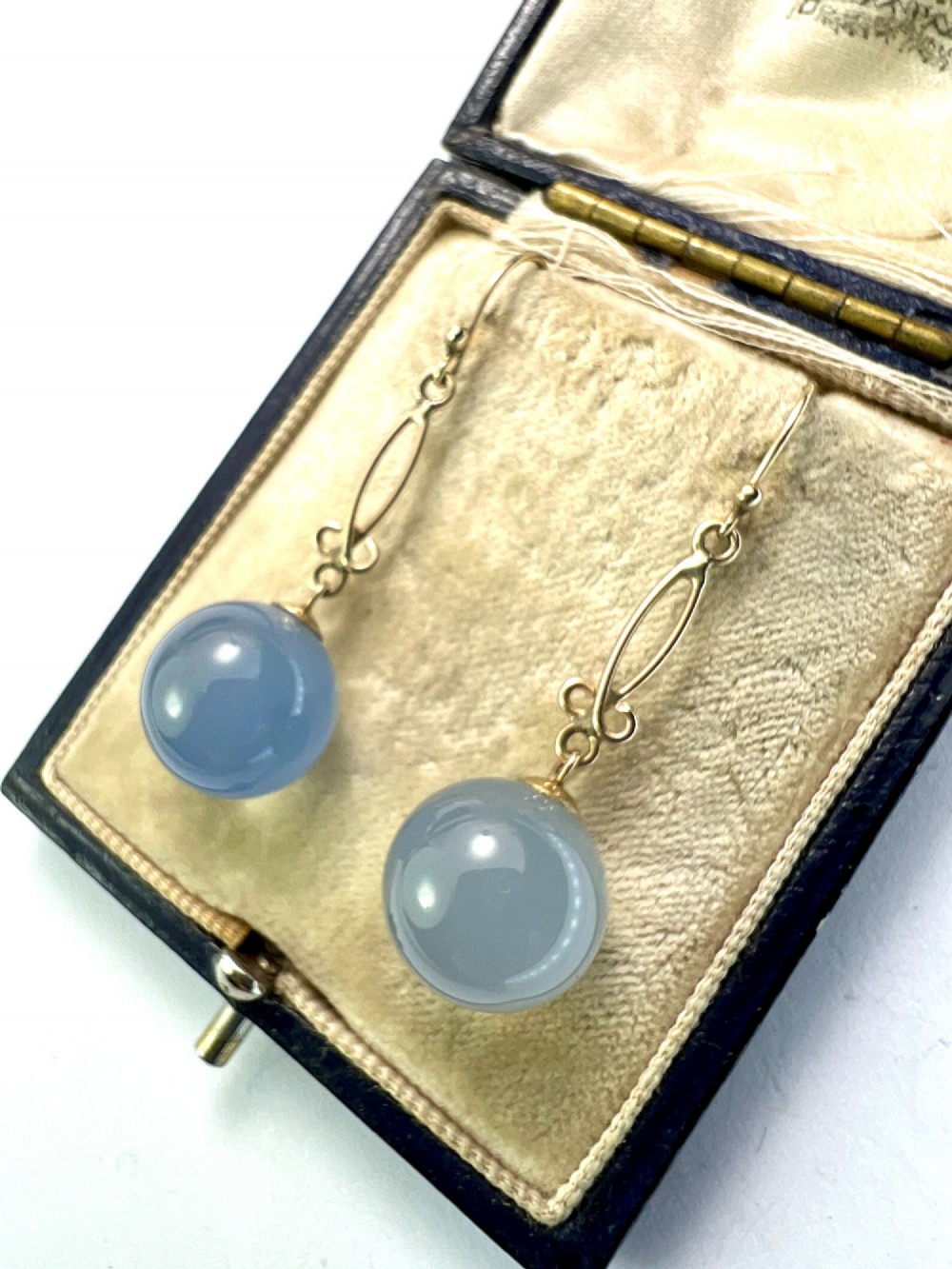 Antique 9CT Gold Chalcedony Orb Drop Earrings View II