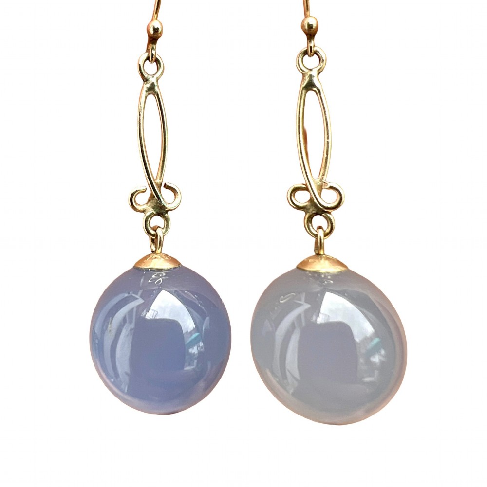 Antique 9CT Gold Chalcedony Orb Drop Earrings View V