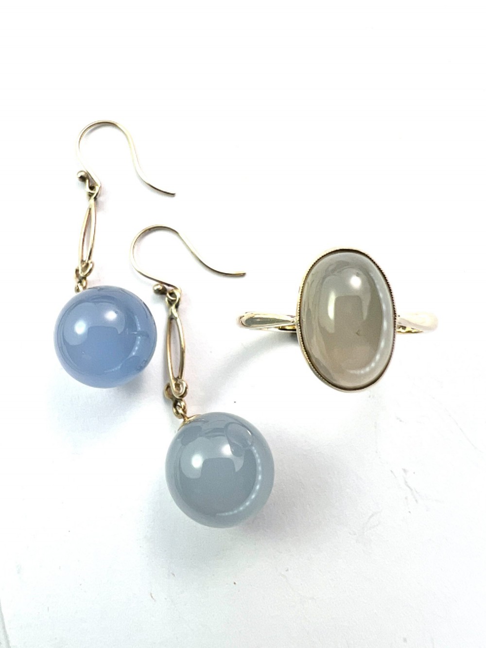 Antique 9CT Gold Chalcedony Orb Drop Earrings View VI