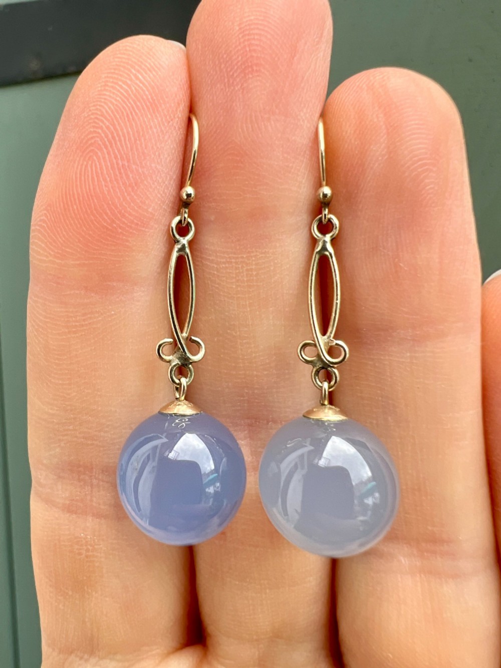 Antique 9CT Gold Chalcedony Orb Drop Earrings View VII
