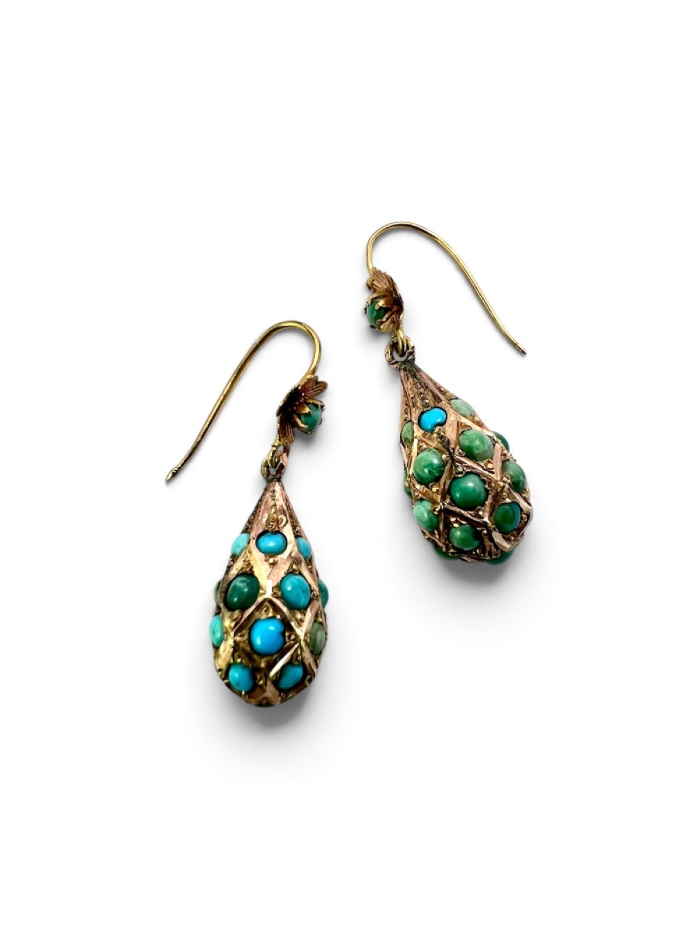 A pair of Victorian gold drop earrings featuring floral tops and lattice-engraved teardrop pendants set with turquoise cabochon stones. View IV
