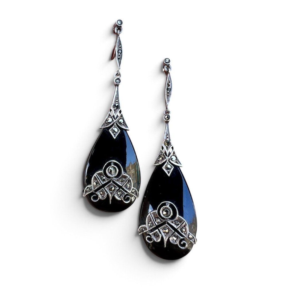 Art Deco Silver Onyx Marcasite Teardrop Earrings