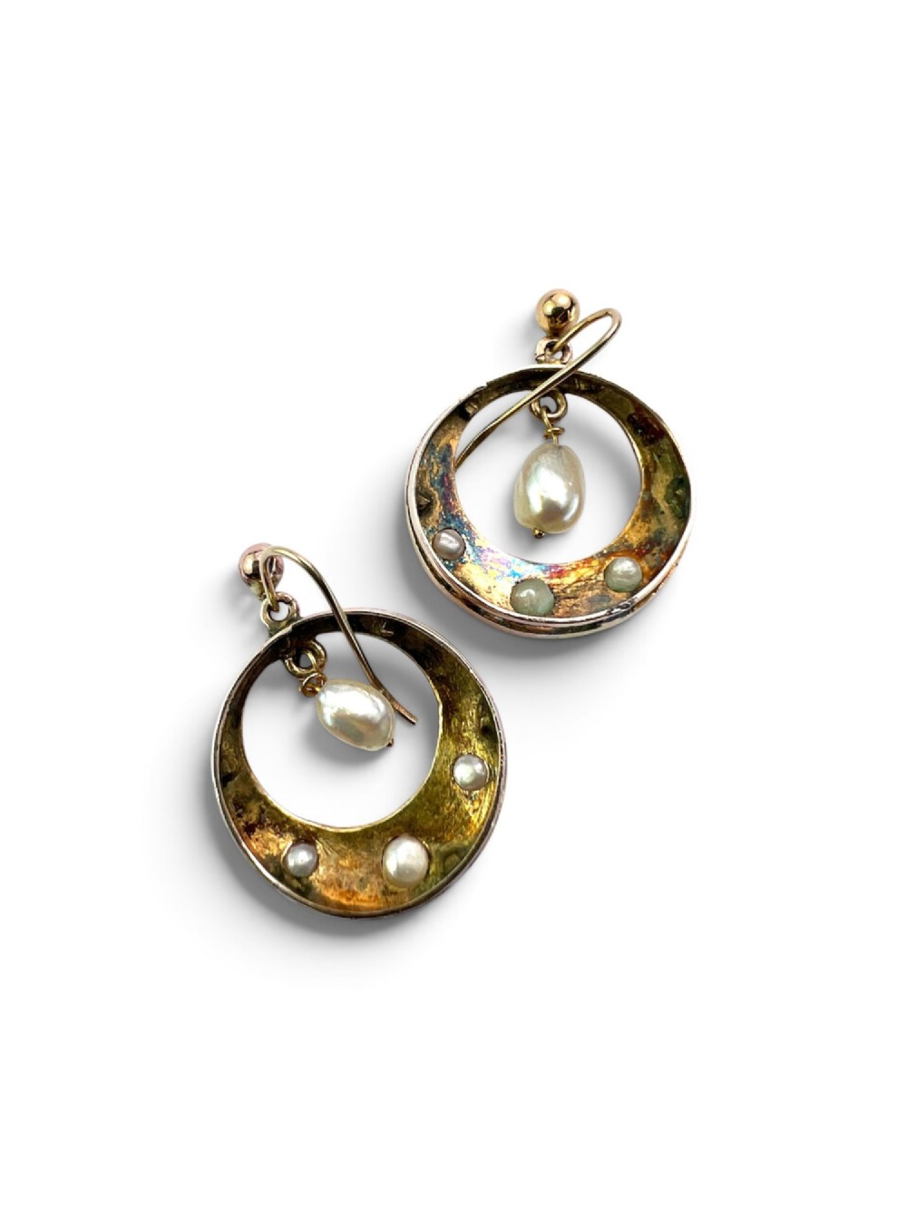 A pair of yellow gold Victorian crescent drop earrings featuring star-set seed pearls and a suspended central pearl drop. View III