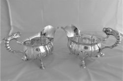 SUPERB PAIR CRESTED GEORGE II SILVER SAUCE OR GRAVY BOATS LONDON 1753 JOHN POLLOCK CAST DOLPHIN HANDLES