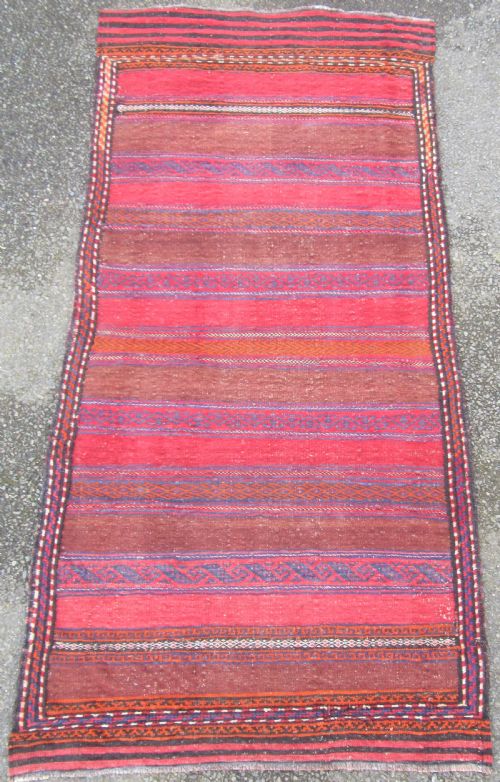 Antique Persian Baluch Flat Weave Rug. Attractive Striped & Brocaded Design