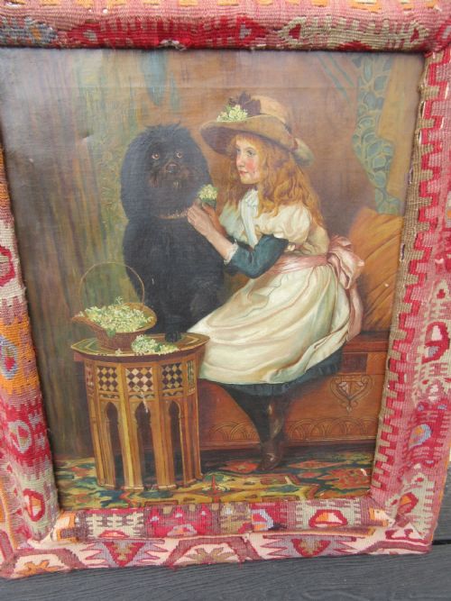 fig 1. UNUSUAL VICTORIAN OIL PAINTING. MOORISH ART DAMASCUS TABLE,YOUNG WOMAN & DOG. KILIM COVERED FRAME