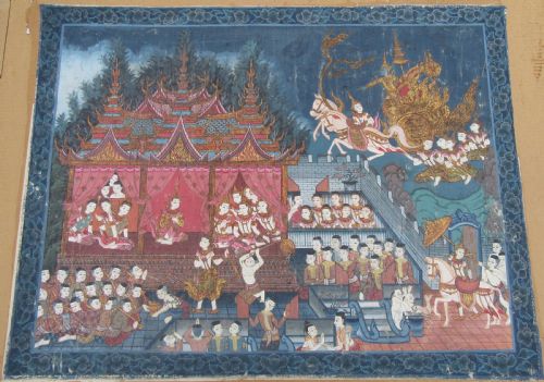 Large Antique Thai Indian Painting. Scene from the Sang Thong Folk Tales