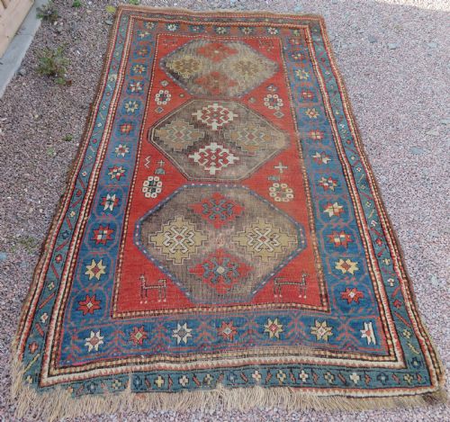 Antique Shabby Chic Caucasian Kazak Large Rug. Animals & Birds.