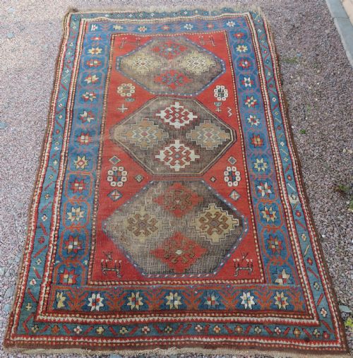 fig 1. ANTIQUE SHABBY CHIC CAUCASIAN KAZAK LARGE RUG. ANIMALS & BIRDS.