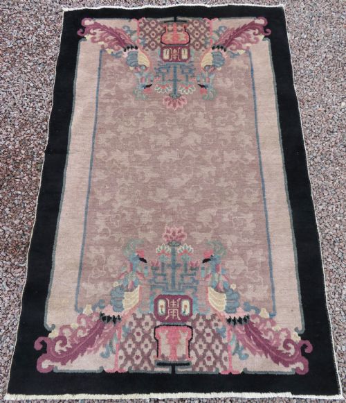 UNUSUAL ANTIQUE CHINESE ART DECO RUG WITH PHOENIX SHOU CHARACTER SYMBOLOGY