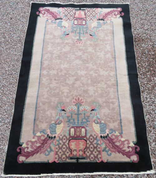 fig 1. UNUSUAL ANTIQUE CHINESE ART DECO RUG. WITH PHOENIX & SHOU CHARACTER SYMBOLOGY.