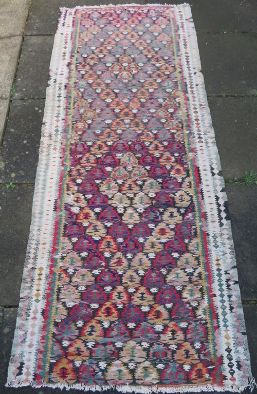 fig 1. IDIOSYNCRATIC DESIGN ANTIQUE Kurdish Senneh Bijar Kilim Kelim Flat Weave Runner Long Rug.244cm X 102cm.