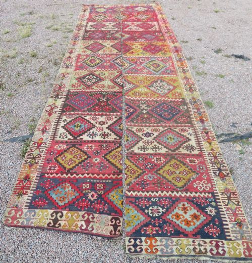 LARGE ANTIQUE DISTRESSED TURKISH KONYA REYHANLI KILIM KELIM RUG 475CM X 166CM - ADDITIONAL PHOTO 1