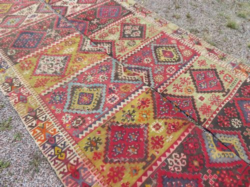 LARGE ANTIQUE DISTRESSED TURKISH KONYA REYHANLI KILIM KELIM RUG 475CM X 166CM - ADDITIONAL PHOTO 16