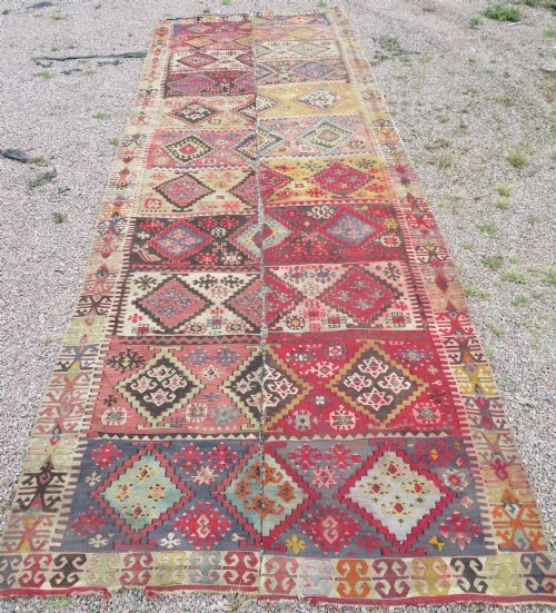 LARGE ANTIQUE DISTRESSED TURKISH KONYA REYHANLI KILIM KELIM RUG 475CM X 166CM - ADDITIONAL PHOTO 18