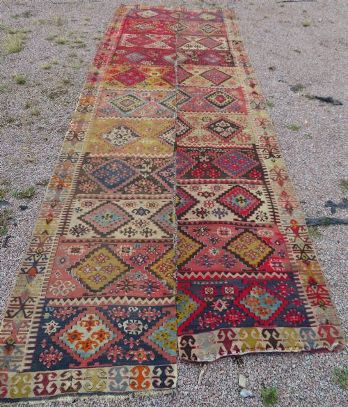 LARGE ANTIQUE DISTRESSED TURKISH KONYA REYHANLI KILIM KELIM RUG 475CM X 166CM - ADDITIONAL PHOTO 19
