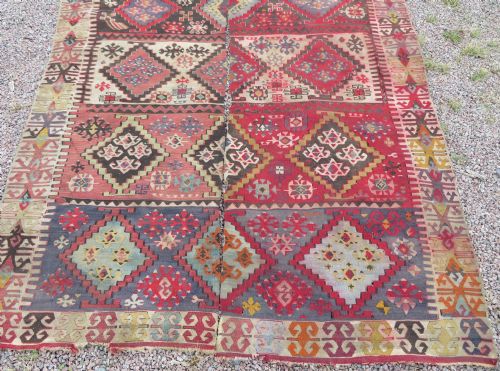 LARGE ANTIQUE DISTRESSED TURKISH KONYA REYHANLI KILIM KELIM RUG 475CM X 166CM - ADDITIONAL PHOTO 21