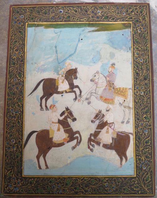 ANTIQUE INDIAN MINIATURE PAINTING NASTA'LIQ CALLIGRAPHY FOUR POLO PLAYERS - ADDITIONAL PHOTO 1