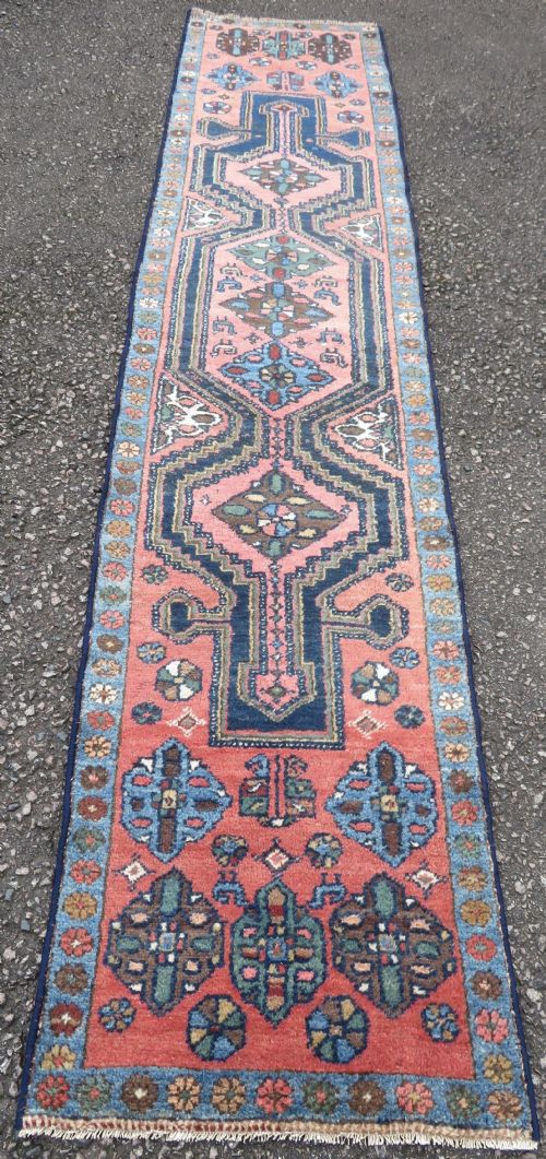 fig 1. Antique Kurdish Narrow Runner. Salmon Pink Ground. Quirky Peacocks. 369cm x 78cm.Only 78cm Wide.