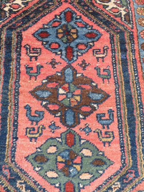 fig 2. Antique Kurdish Narrow Runner. Salmon Pink Ground. Quirky Peacocks. 369cm x 78cm.Only 78cm Wide.