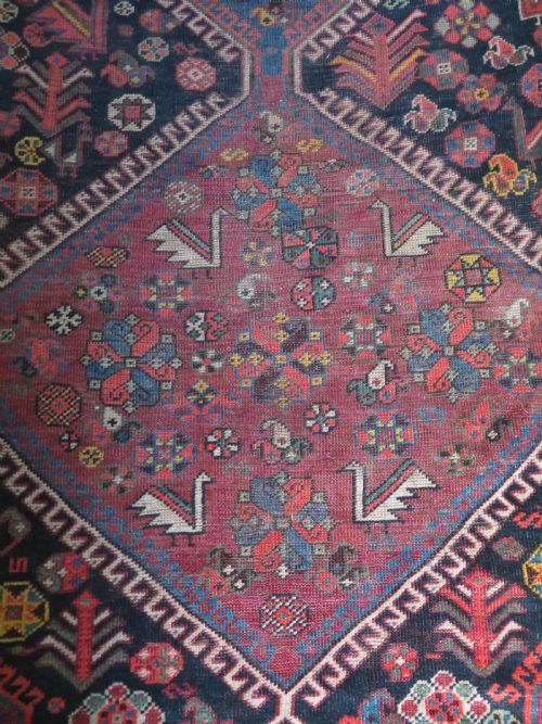 LARGE ANTIQUE QASHQAI MAIN CARPET LARGE RUG SHEKARLU BORDERFILLED WITH TRIBAL MOTIFS PEACOCKS 308CM X 188CM - ADDITIONAL PHOTO 6