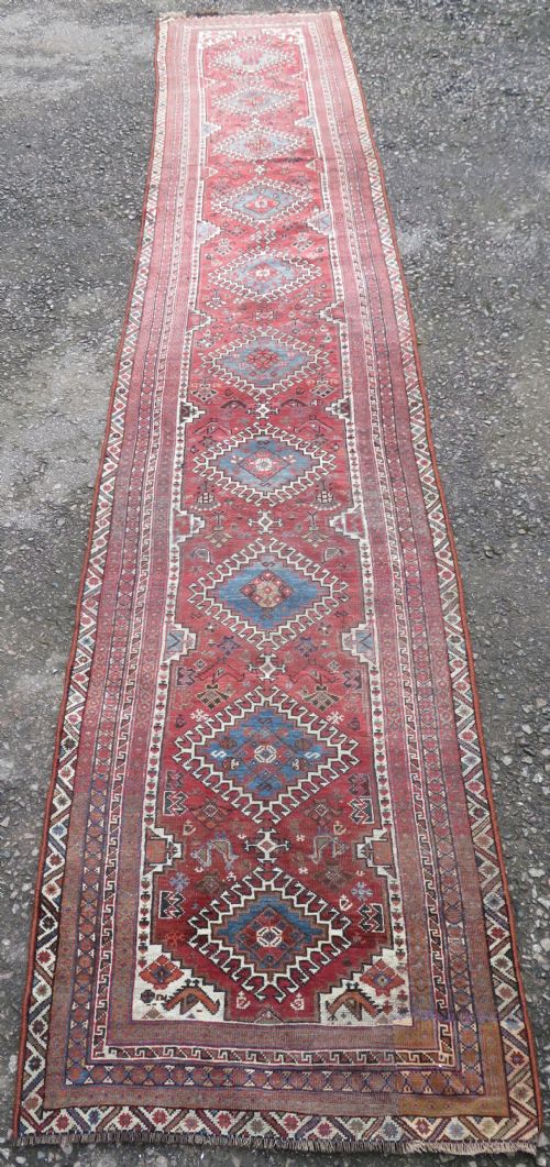 fig 2. ANTIQUE KHAMSEH LONG NARROW RUNNER. PEACOCKS & PECKING CHICKENS. 457CM X 82CM.