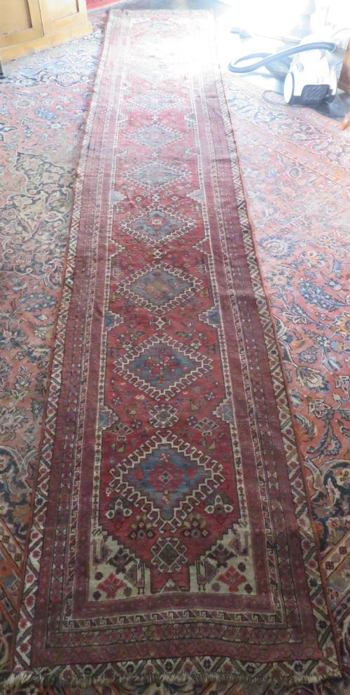 fig 1. Antique Khamseh Long Narrow Runner. Peacocks & Pecking Chickens. 457cm X 84cm.