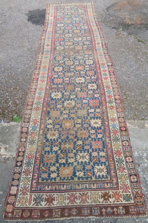 fig 1. ANTIQUE CAUCASIAN SHIRVAN RUNNER LONG RUG. 430CM X 112CM.