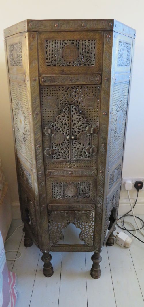 Openwork White-metal and Copper-inlaid Brass Hexagonal Occasional Table Kursi (Cairoware)