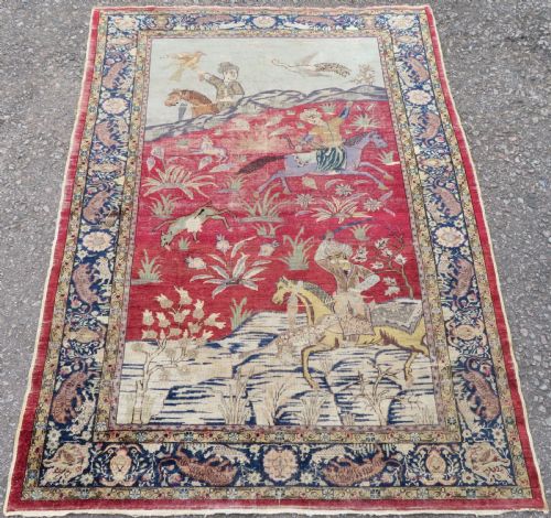 Antique 19th Century Turkish Pictorial (Hunting Scene) Silk Rug. West Anatolia. 171cm X 125cm.