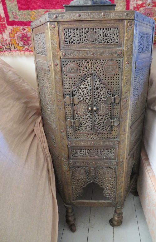 OPENWORK WHITEMETAL AND COPPERINLAID BRASS HEXAGONAL OCCASIONAL TABLE KURSI CAIROWARE