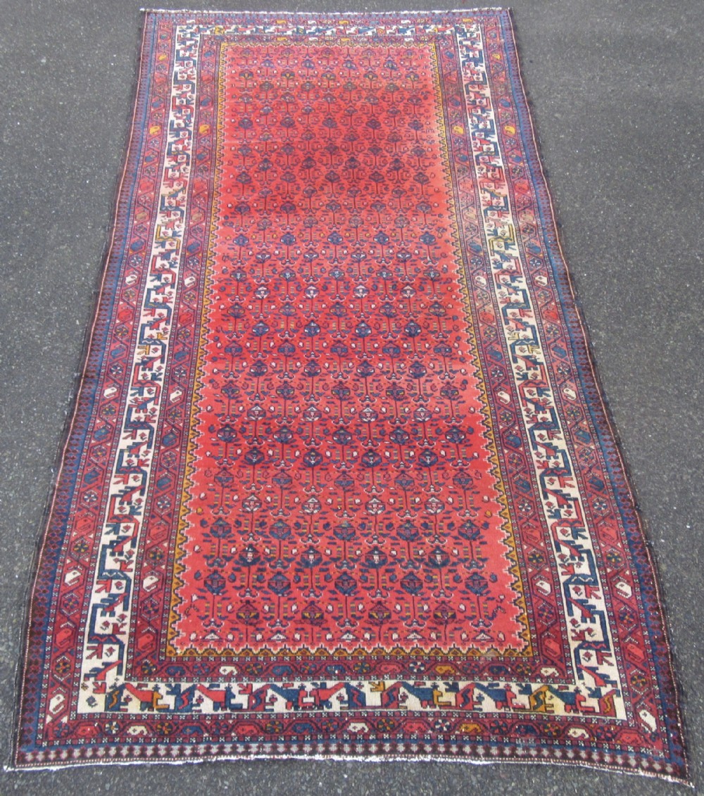 ATTRACTIVE VERMILLION RED ANTIQUE COUNTRY HOUSE SHABBY CHIC KURDISH LONG RUG. PLANT SHRUB MOTIFS.