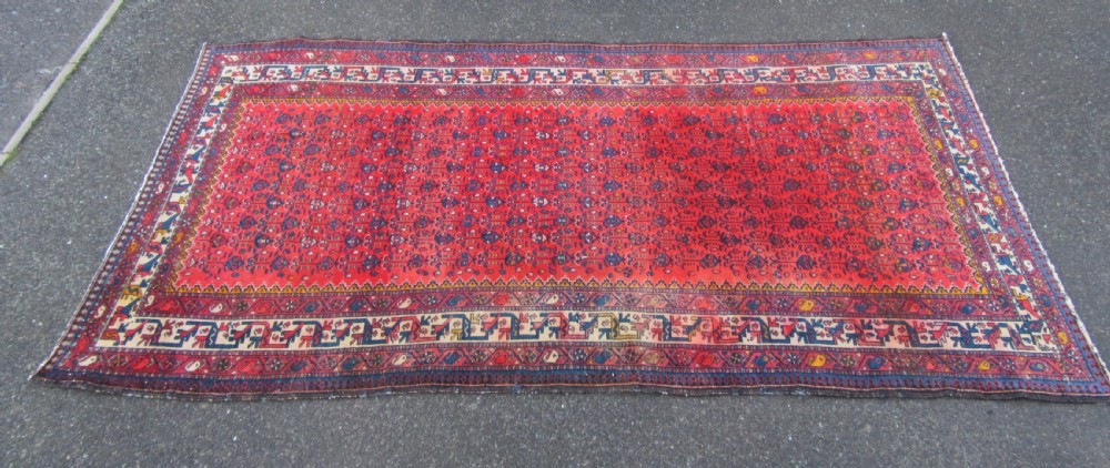 ATTRACTIVE VERMILLION RED ANTIQUE COUNTRY HOUSE SHABBY CHIC KURDISH LONG RUG. PLANT SHRUB MOTIFS. View III