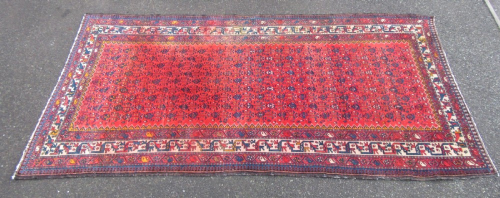 ATTRACTIVE VERMILLION RED ANTIQUE COUNTRY HOUSE SHABBY CHIC KURDISH LONG RUG. PLANT SHRUB MOTIFS. View IV