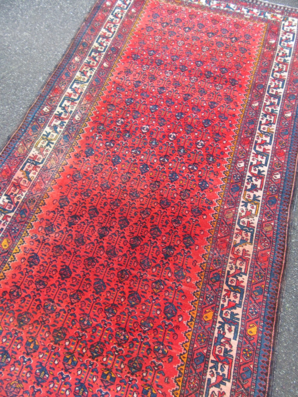 ATTRACTIVE VERMILLION RED ANTIQUE COUNTRY HOUSE SHABBY CHIC KURDISH LONG RUG. PLANT SHRUB MOTIFS. View V