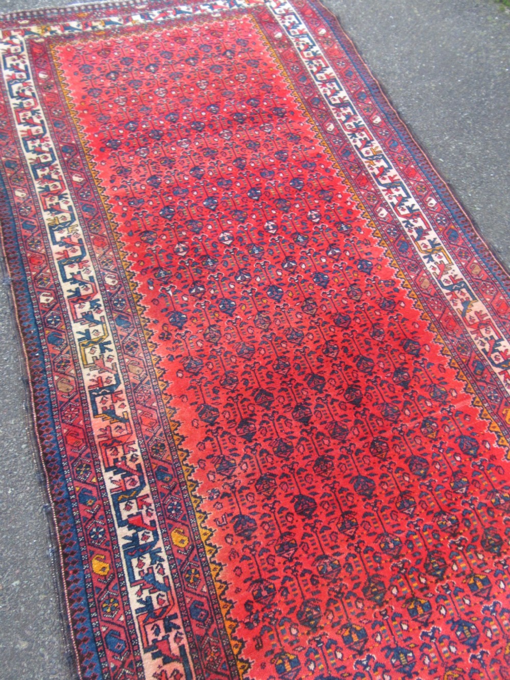 ATTRACTIVE VERMILLION RED ANTIQUE COUNTRY HOUSE SHABBY CHIC KURDISH LONG RUG. PLANT SHRUB MOTIFS. View VI