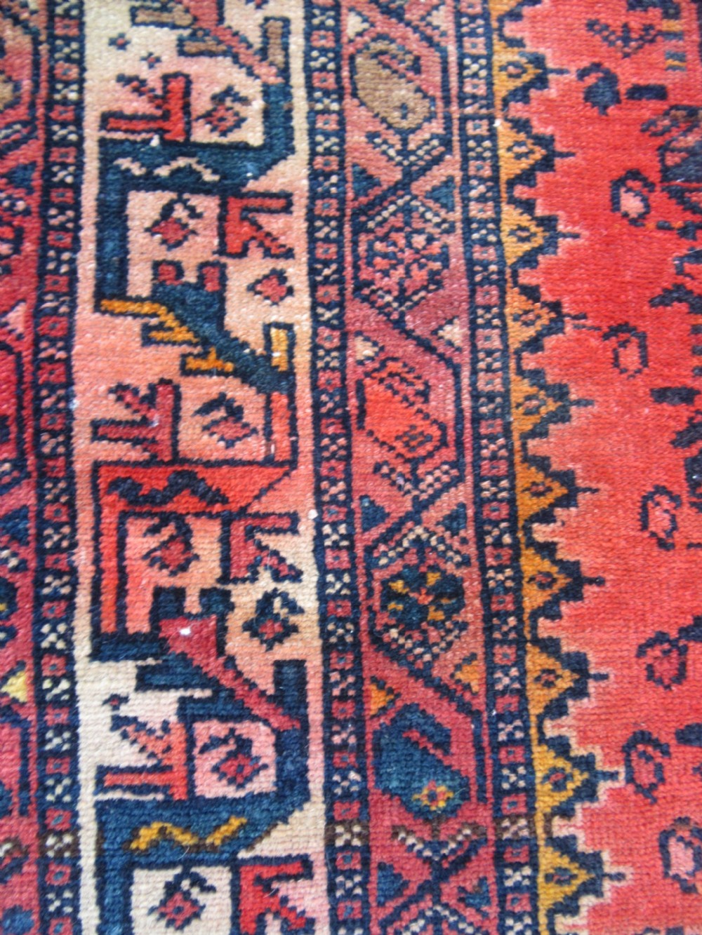ATTRACTIVE VERMILLION RED ANTIQUE COUNTRY HOUSE SHABBY CHIC KURDISH LONG RUG. PLANT SHRUB MOTIFS. View X