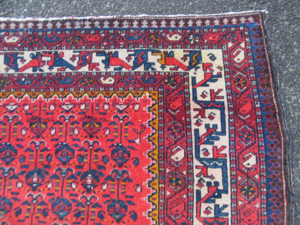 ATTRACTIVE VERMILLION RED ANTIQUE COUNTRY HOUSE SHABBY CHIC KURDISH LONG RUG. PLANT SHRUB MOTIFS. View XVII