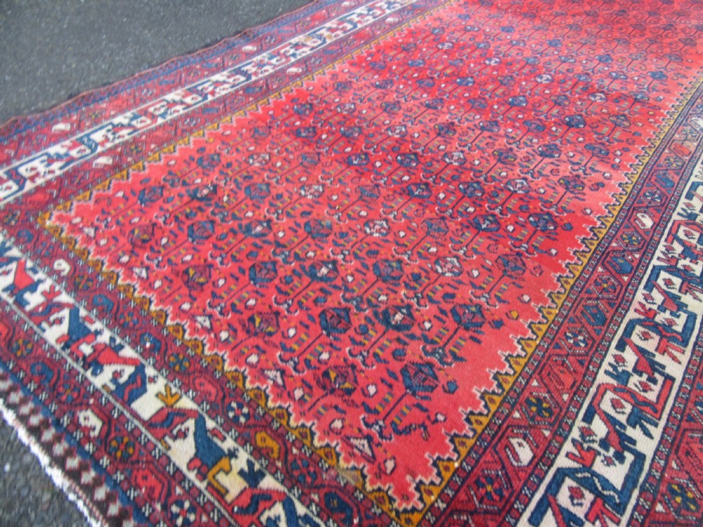 ATTRACTIVE VERMILLION RED ANTIQUE COUNTRY HOUSE SHABBY CHIC KURDISH LONG RUG. PLANT SHRUB MOTIFS. View XVIII