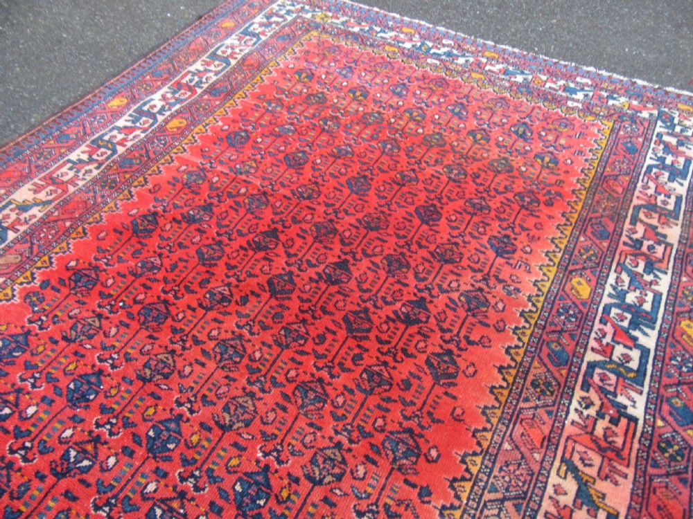 ATTRACTIVE VERMILLION RED ANTIQUE COUNTRY HOUSE SHABBY CHIC KURDISH LONG RUG. PLANT SHRUB MOTIFS. View XX