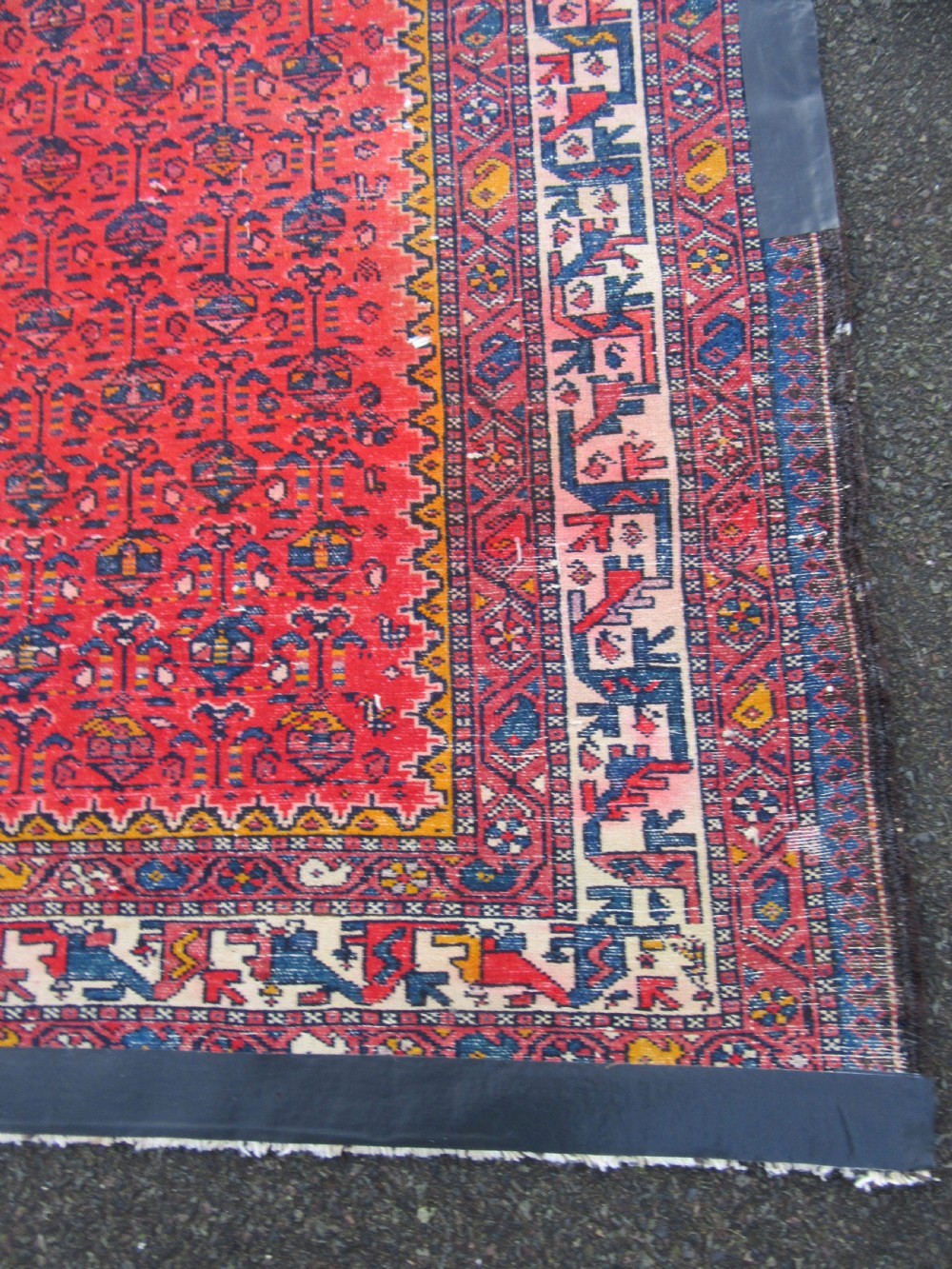 ATTRACTIVE VERMILLION RED ANTIQUE COUNTRY HOUSE SHABBY CHIC KURDISH LONG RUG. PLANT SHRUB MOTIFS. View XXII