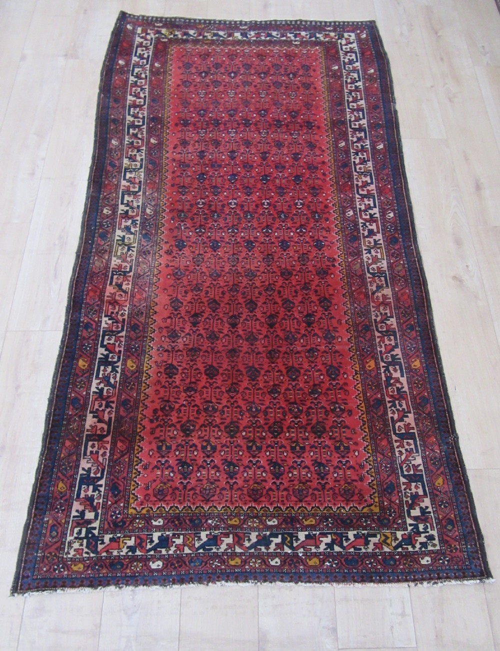 ATTRACTIVE VERMILLION RED ANTIQUE COUNTRY HOUSE SHABBY CHIC KURDISH LONG RUG. PLANT SHRUB MOTIFS. View XXIV