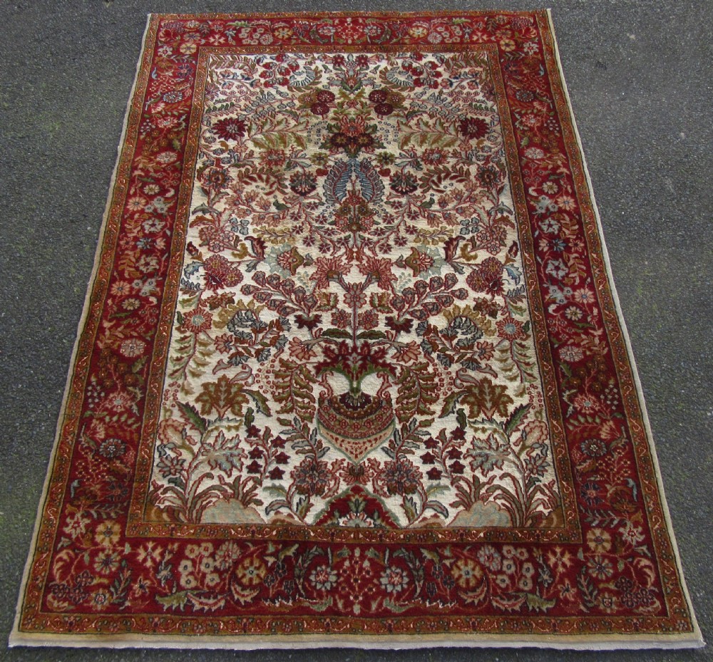 OLD INDIAN KASHMIR SILK & WOOL TREE OF LIFE DESIGN RUG. 180CM X 125CM.