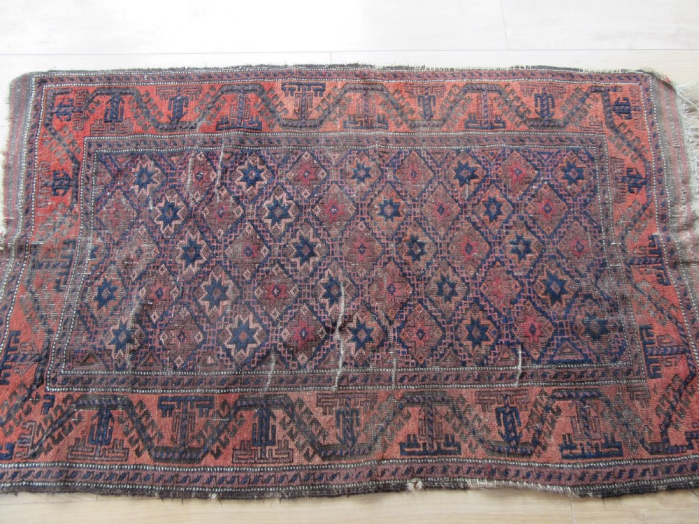 ANTIQUE COUNTRY HOUSE SHABBY CHIC BALUCH RUG. STAR ROSETTE DESIGN View XXIII