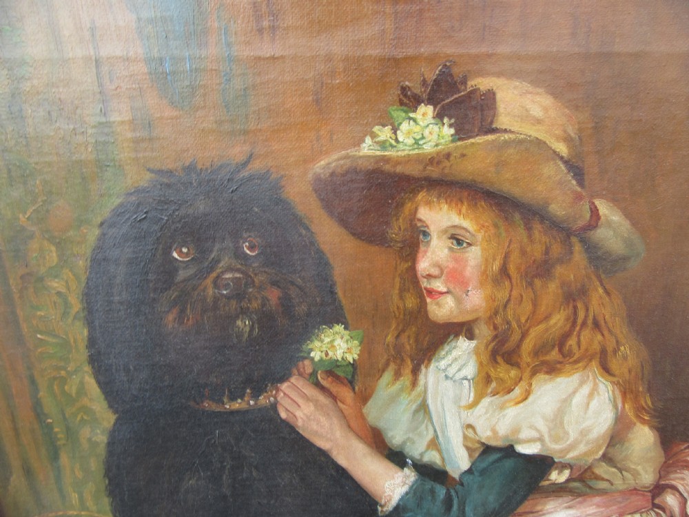 UNUSUAL VICTORIAN OIL PAINTING. MOORISH ART DAMASCUS TABLE,YOUNG WOMAN & DOG. KILIM COVERED FRAME View III