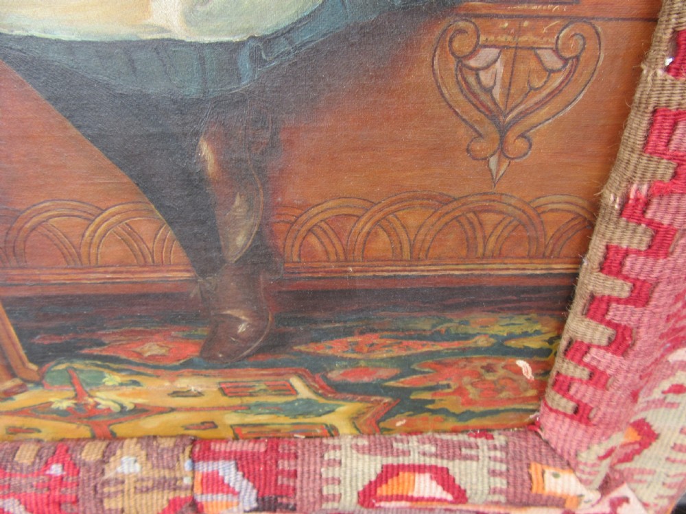 UNUSUAL VICTORIAN OIL PAINTING. MOORISH ART DAMASCUS TABLE,YOUNG WOMAN & DOG. KILIM COVERED FRAME View V