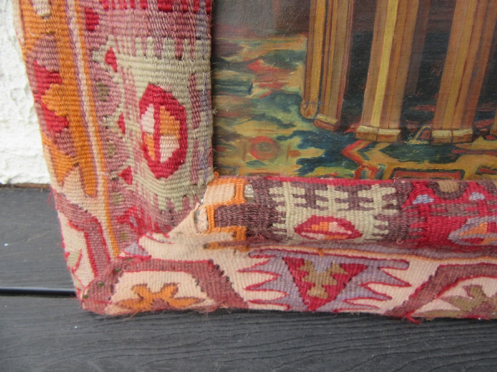 UNUSUAL VICTORIAN OIL PAINTING. MOORISH ART DAMASCUS TABLE,YOUNG WOMAN & DOG. KILIM COVERED FRAME View VI