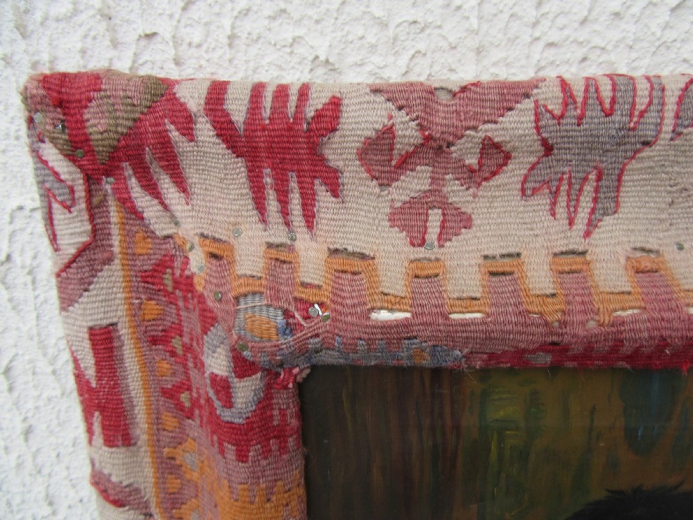 UNUSUAL VICTORIAN OIL PAINTING. MOORISH ART DAMASCUS TABLE,YOUNG WOMAN & DOG. KILIM COVERED FRAME View VII